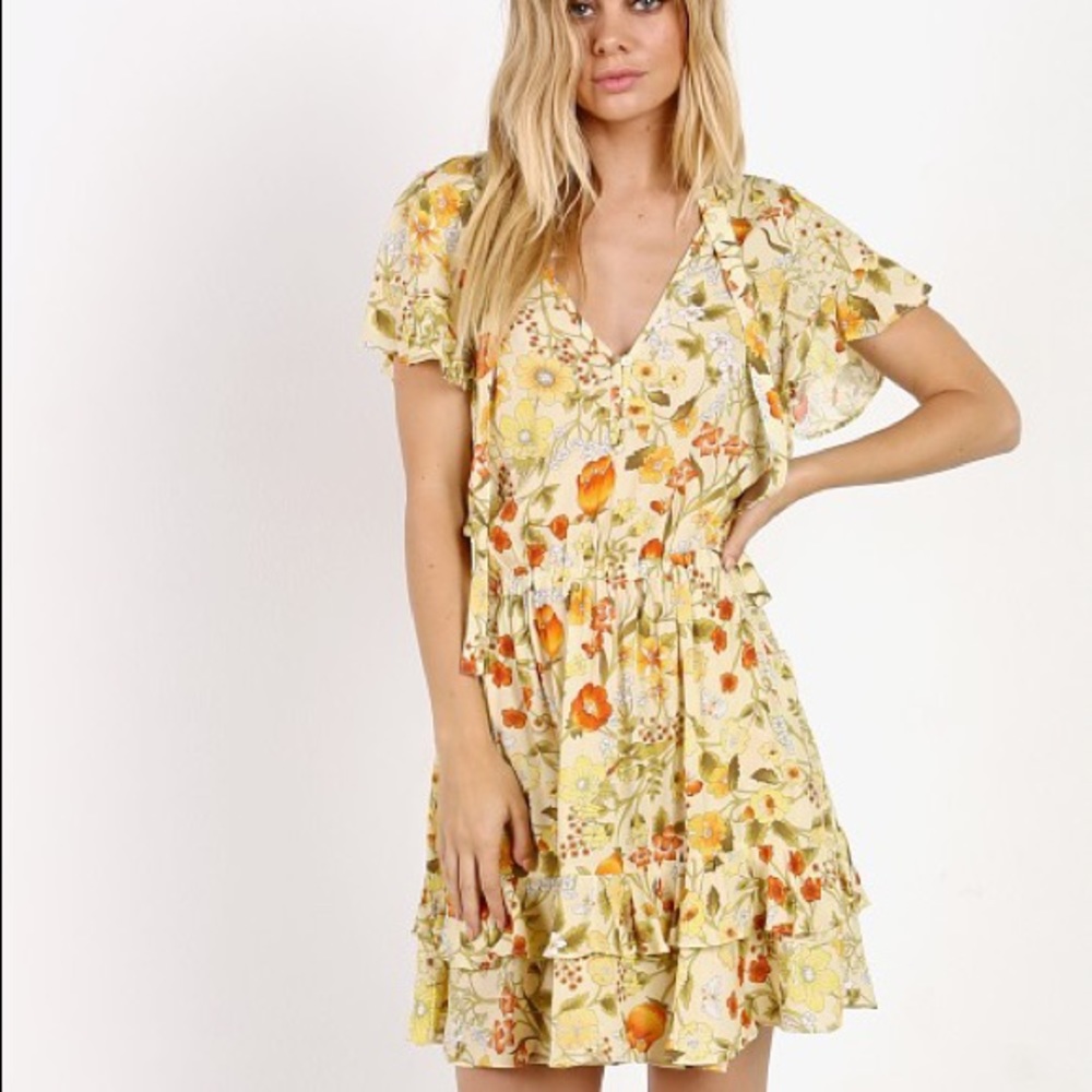 SPELL Short Sleeve Frill Mini Dress Sunflower
